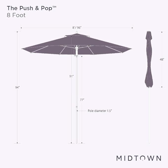Midtown Umbrellas Push Pop Sunbrella Umbrella 8 Feet Outdoor Umbrella in Cast Slate Acrylic Fabric - Patio, Backyard, Garden, Picnic Table & Pool - Black Pole