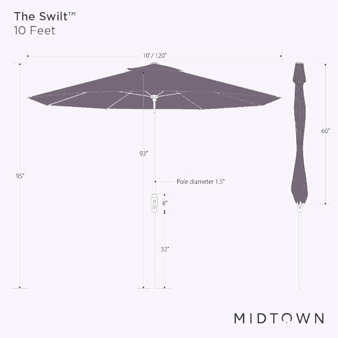 Midtown Umbrellas The Swilt 10 Feet Patio Umbrella in Sunbrella Yellow Acrylic Fabric - Fiberglass Ribs, Auto-Tilt Aluminum Frame For Backyard, Deck, Garden, Pool - White Pole