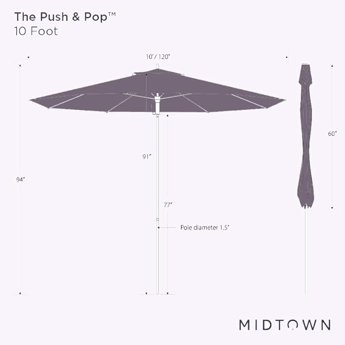 Midtown Umbrellas Push Pop Sunbrella Umbrella 10 Feet Large Outdoor Umbrella With Forrest Green Acrylic Fabric - Deck Patio Umbrella, Backyard Umbrella, Garden Umbrella & Pool Umbrella - Black Pole