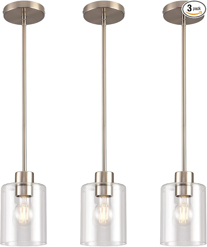Brushed Nickel Pendant Lights Kitchen Island - Clear Glass Pendant Light Fixture Multiple Stems Rods 3 Units 12 Inch 3 Units 4 Inch (3 Pack Brushed Nickel)