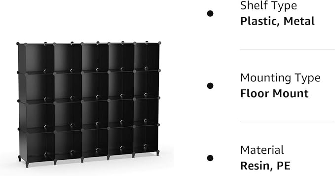 HOMIDEC 20-Cube Black Cube Storage Organizer, Modular Storage Shelf with Hammer, Cube Storage Bin Cabinet Closet Bookshelf for Living Room, Bedroom, Office, Each Cube Size 11.8 x 11.8 inch