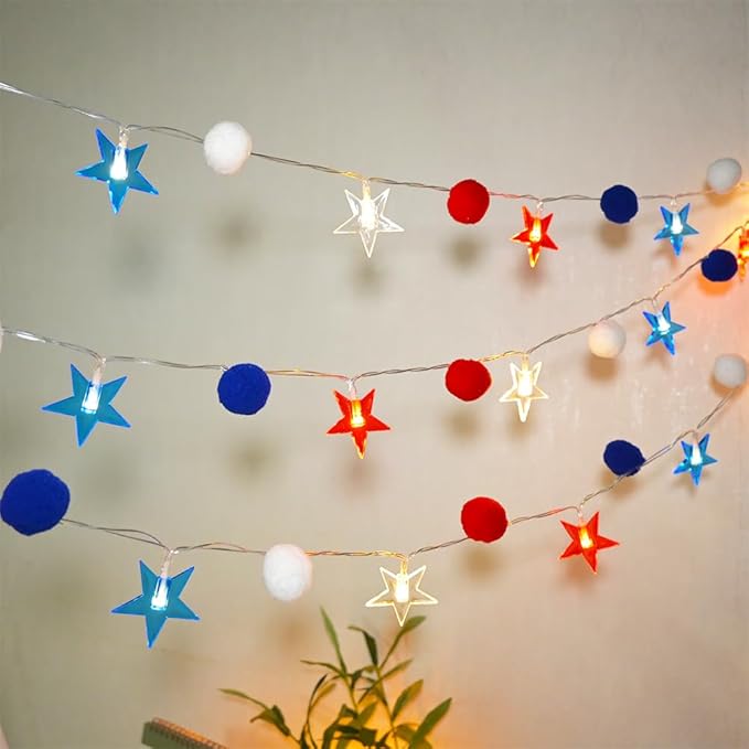 4th of July Decorations 9.85FT Red White and Blue Star String Lights Pom Pom Star Lights Battery Operated with Timer Fairy Lights for Independence Day Memorial Patriotic Fourth of July Decor for Home