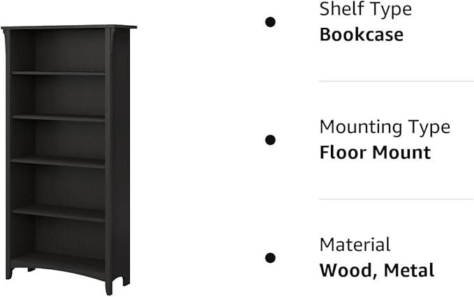Bush Furniture Salinas 5 Shelf Bookcase, Tall Bookshelf for Living Room and Home Office