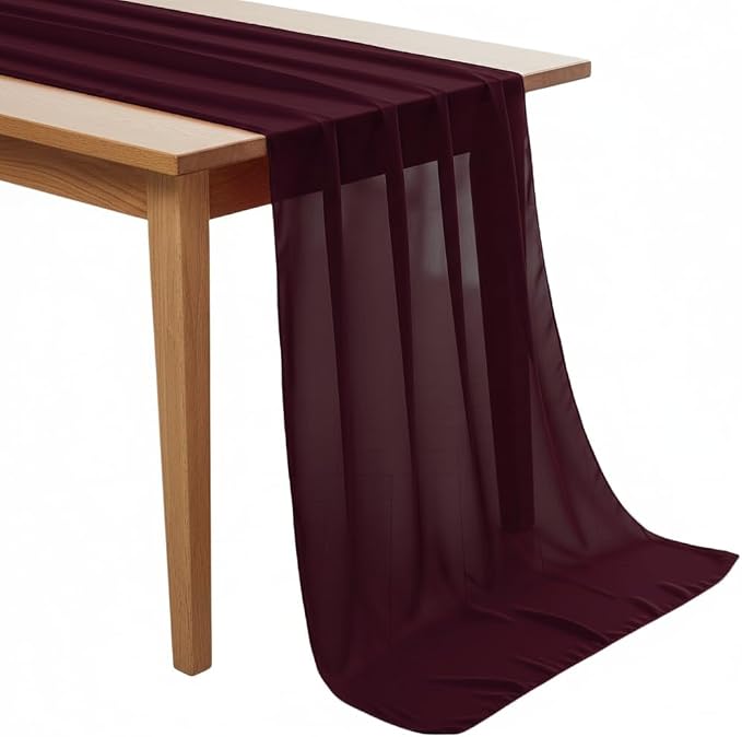 Pack of 2 | Burgundy | 14ft Chiffon Table Runner 29x170 Inches Long Romantic Rustic Sheer Gauze Runner for Wedding Bridal Shower Birthday Banquets Engagement Spring Easter Boho Decorations