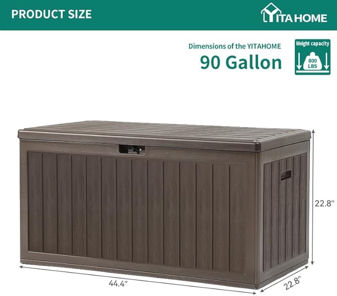 YITAHOME 90 Gallon Large Deck Box, Double-Wall Resin Outdoor Storage Boxes, Deck Storage for Patio Furniture, Cushions, Pool Float, Garden Tools, Lockable & Waterproof (Brown)