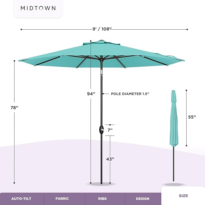 Midtown Umbrellas Sunbrella Umbrella 9 Feet Outdoor Umbrella With Sunbrella Aruba Acrylic Fabric - Auto-Tilt Aluminum Frame Patio Umbrella For Backyard, Deck, Garden, Pool - Black Pole