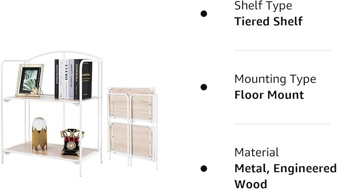 No Assembly Folding Bookshelf for Living Room, 2 Tier White Collapsible Book Shelf for Home Office, Portable Bookcase Storage Organizer