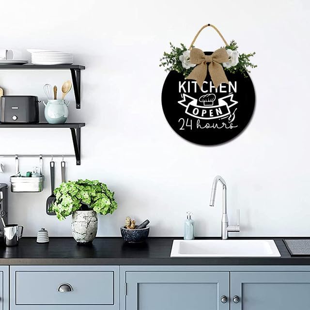 Kitchen Sign Kitchen Hanging Sign Decor Kitchen Open 24 Hours Sign Rustic Wall Decoration Wood Sign for Dining Room Housewarming 12inch