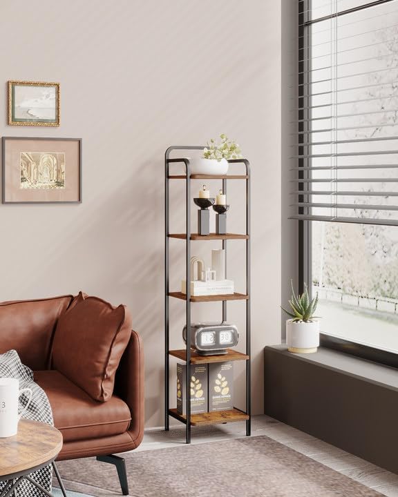 Bookcase Bookshelf, Narrow Book Shelf, Industrial Coner Shelf Storage Organizer, Slim Shelving Unit for Home Office, Living Room, Bedroom, Kitchen, 5-Tier Rustic Brown BC24501B