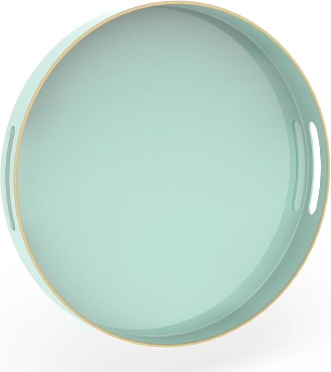 MAONAME 13" Mint Green Decorative Tray, Round Serving Tray with Handles | Plastic Decorative Tray for Coffee Table, Modern Ottoman Tray, Circle Tea Tray, Round Melamine Tray for Living Room, Bathroom