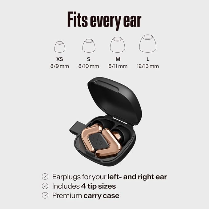 Alpine Tune Earplugs, Concert Ear Plugs for Noise Reduction, High Fidelity Music Quality, 19dB Hearing Protection with Crystal Clear Sound, Incl. 4 Sizes, Parties, Raves, Festivals & Clubs, Rose Gold