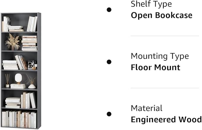 FOTOSOK 6-Tier Open Bookcase and Bookshelf, Freestanding Display Storage Shelves Tall Bookcase for Bedroom, Living Room and Office, Dark Gray