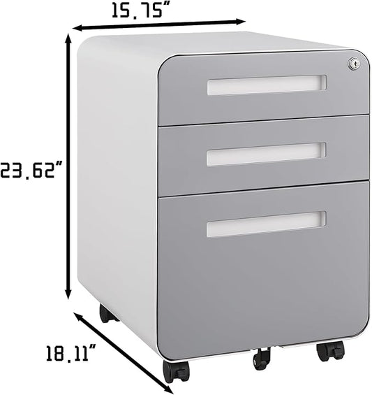 3 Drawer Mobile Desk Office with Lock and Wheels,Versatile Storage Cabinets w/Anti-Tilting Cold Rolled Steel Waterproof Moisture-Proof,for Legal/Letter/A4 Files,White+Gray