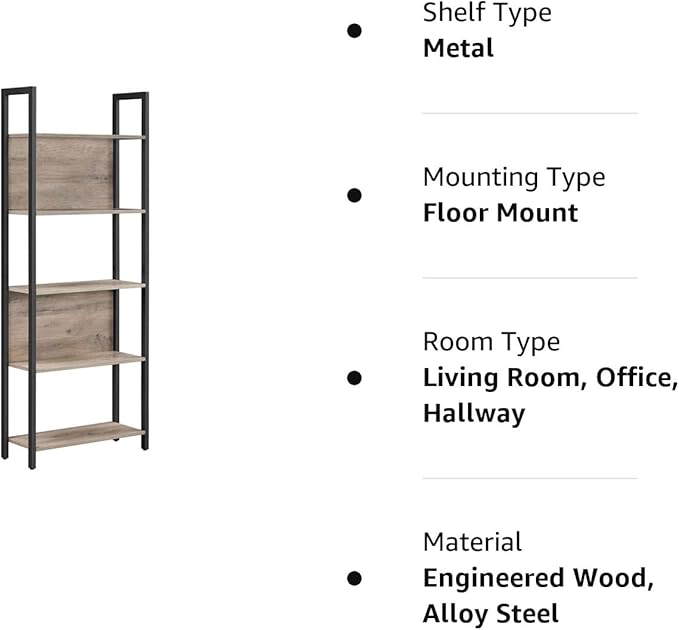 VASAGLE 5-Tier Bookshelf, Book Shelf, Industrial Bookcase, with Steel Frame, for Living Room, Home Office, Bedroom, 9.4 x 24.4 x 65 Inches, Greige and Black ULLS025B02