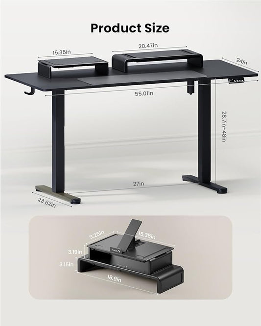 ProtoArc Standing Desk with Dual Monitor Stand Riser, 55 x 24 Inches Height Adjustable Desk with Storage, Electric Stand up Desk with Laptop Stand (Black/White)