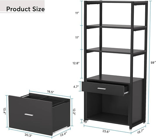 Tribesigns Bookcase Bookshelf, 4-Tier Modern File Cabinet with 2 Drawers, Lateral Filing Cabinet accommodate Legal/Letter / A4 Size for Home Office Organizer