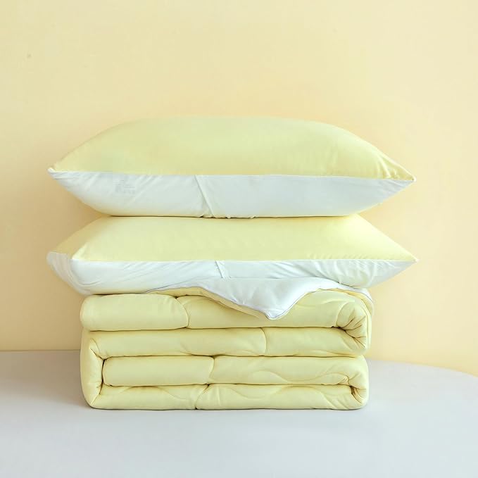 COTTEBED Reversible Queen Sized Bedding Comforter Sets - Cute Jersey Knit T-Shirt Feel Dual-Sided Full Down Comforters - Ultra-Soft Lightweight Quilt & 2 Pillow Shams All Season Use (Yellow and White)
