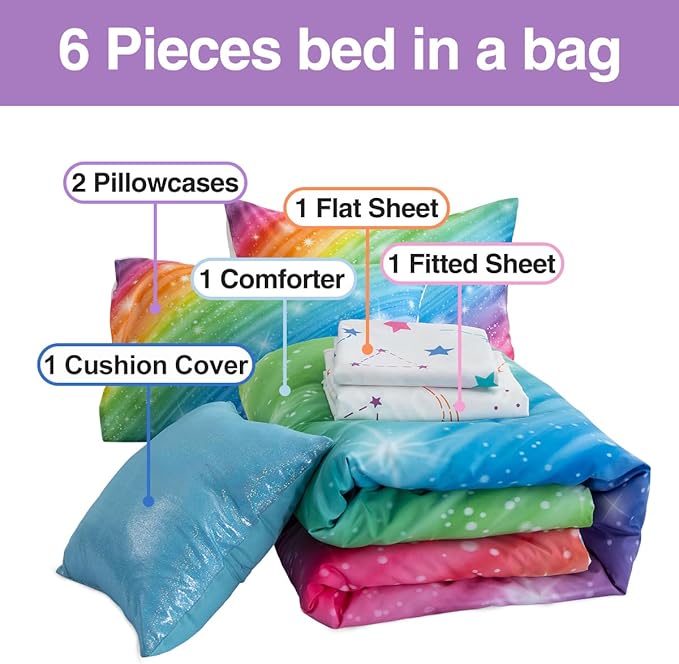 Btargot Super Soft 6 Pieces Gradient Star Ring Comforter Set, Colorful Glitter Rainbow Star Pattern Bedding Set for Boys Girls Teens,Twin Multicolor