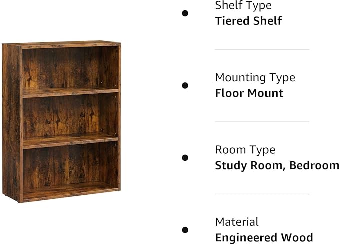 VASAGLE Bookshelf, 23.6 Inches Wide, 3-Tier Open Bookcase with Adjustable Storage Shelves, Floor Standing Unit, Rustic Brown ULBC163X01