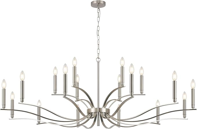 18 Light Nickel Living Room Chandelier High Ceiling Foyer Candle Chandelier Large Modern 59in Metal Chandeliers Hanging Light for Master Bedroom Dining Room Light Fixture Over Table