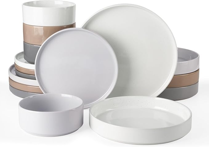 Famiware Nebula Dinnerware Set with Pasta Bowls, Service for 4 (16pcs), Fine Stoneware Plates and Bowls Sets, Microwave and Dishwasher Safe Dishes Set, Multi-color