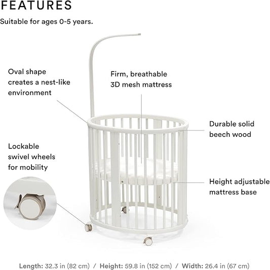Stokke Sleepi Mini Bundle, White - includes Crib/Bed, Mattress & Drape Rod - Suitable for Ages 0-5 Years Old - Adjustable & Stylish