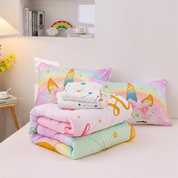 NTBED Unicorn Full Comforter Set with Sheets,5 Pieces Kids Bedding Sets for Girls, Lightweight Microfiber Star Floral Bed in a Bag, Rainbow