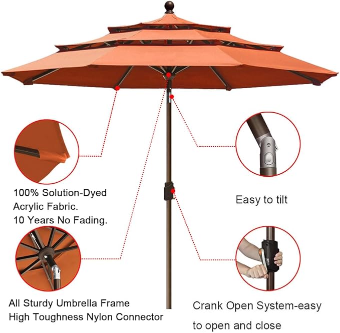 EliteShade USA 9Ft 3 Tiers Market Umbrella Patio Umbrella Outdoor Table Umbrella with Ventilation and 5 Years Non-Fading Top,Rust
