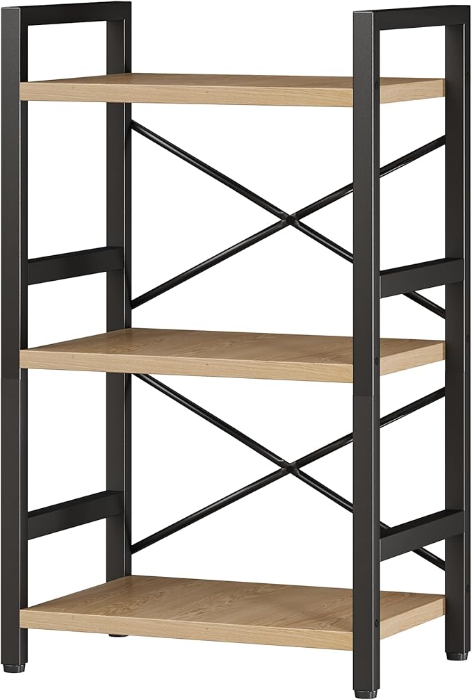 Bookshelf, 3 Tier Industrial Bookcase, Metal Small Bookcase, Rustic Etagere Book Shelf Storage Organizer for Living Room, Bedroom, and Home Office(Light Coffee) Patent Pending D29873033