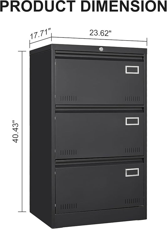 3 Drawer Lateral Lock and Card Holder, Multifunctional Metal Filing Cabinets w/Heavy 3 Section Slide Rail & Breathable Holes,for Legal/Letter/A4,Black