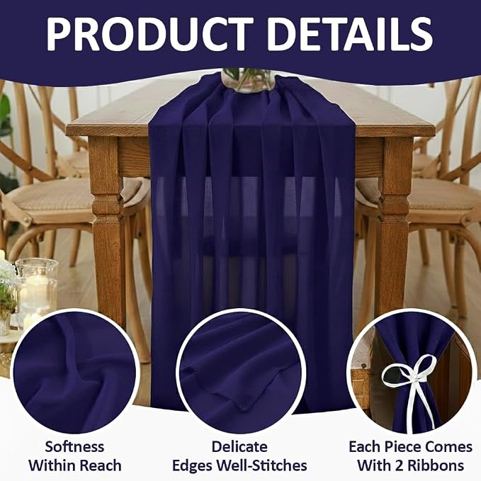 Pack of 10 | Navy Blue | 14ft Chiffon Table Runner 29x170 Inches Long Romantic Rustic Sheer Gauze Runner for Wedding Bridal Shower Birthday Banquets Engagement Spring Easter Boho Decorations