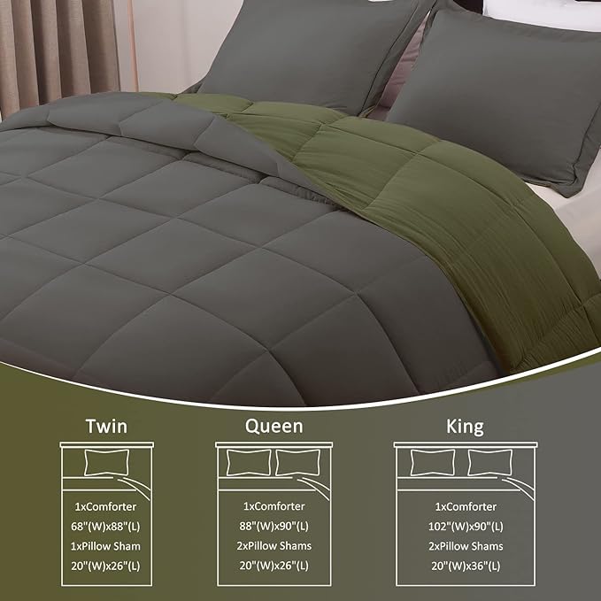 Basic Beyond Twin Comforter Set for Girls and Boys - Fluffy Twin Bed Comforter Set for All Seasons - Reversible Olive Green and Dark Grey Comforter Set - 2 Pcs (1 Comforter + 1 Pillow Sham)