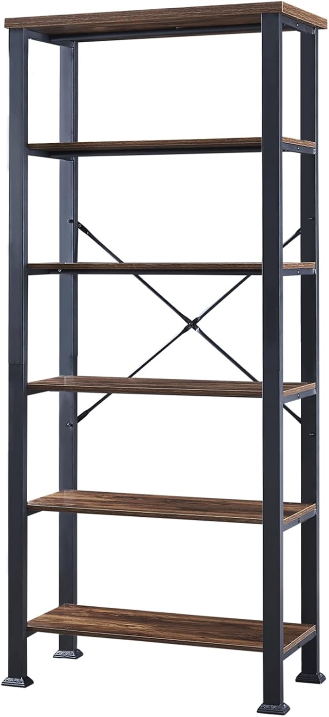 HOMBAZAAR Bookshelf, 6-Tier Vintage Industrial Book Shelf, Rustic Wood and Metal Bookcase and Bookshelves, Free Standing Storage Large Bookshelf for Living Room, Bedroom and Kitchen, Brown