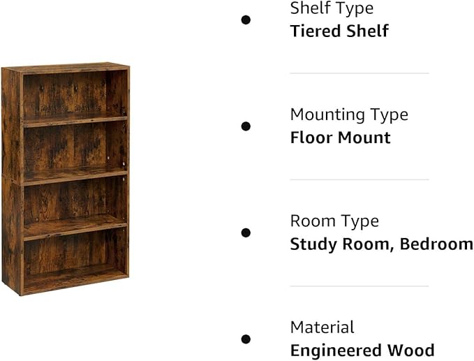 VASAGLE Bookshelf, 23.6 Inches Wide, 4-Tier Open Bookcase with Adjustable Storage Shelves, Floor Standing Unit, Rustic Brown ULBC164X01