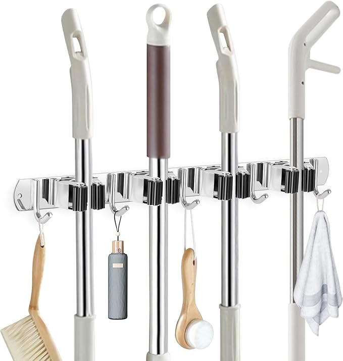 IMILLET Broom Holder Wall Mounted, Stainless Steel Broom Mop Holder Self Adhesive Heavy Duty Hooks Storage Organizer for Home Laundry Room Garden Garage Closet Kitchen 1 Pack(4 Racks with 5 Hooks)