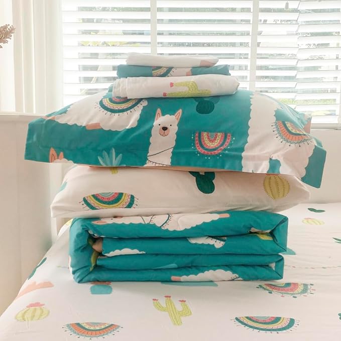 Wajade Kids Llama Comforter Set Bed in A Bag Twin Size 7 Piece Cute Alpaca Tropical Plant Cactus Bedding Set for Girls Boys (1 Comforter, 1 Flat Sheet, 1 Fitted Sheet, 2 Pillowcase and 2 Pillow Sham)