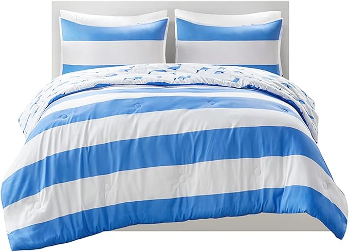 Mizone Kids Blake Reversible Dolphin Comforter Set - Adventure Animal Adorable Print with Stripe Reverse, Fun Bedroom Décor, Modern All Season Kids Bedding, Matching Sham, Full/Queen, Blue 3 Piece
