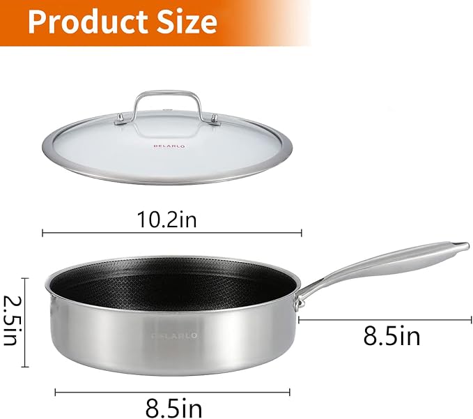 DELARLO Tri-Ply Hybrid Stainless Steel 10 Inch Saute Pan,3QT Chef Cooking Pan,Anti-Scratch,Compatible with All Cooktops,Oven Up to 660℉,Chicken Fryer,Dishwasher-Friendly(Detachable handle)