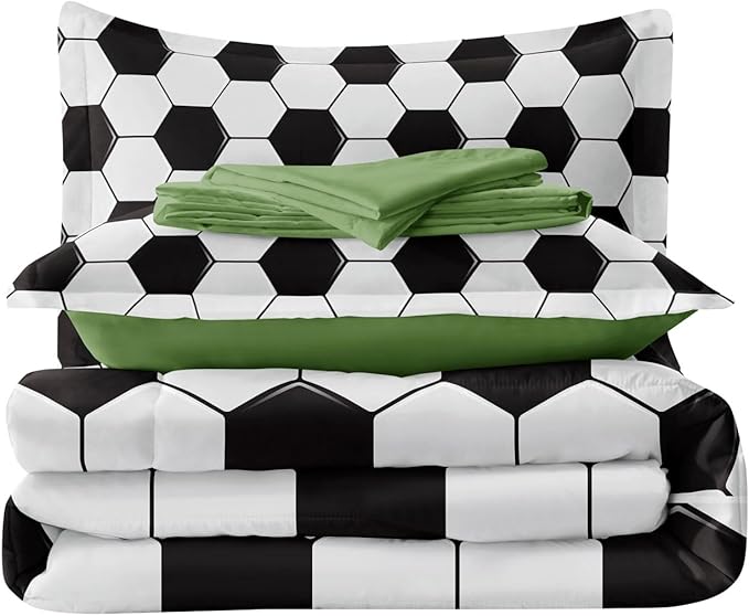 Soccer Comforter Set Full for Boys Girls, 5 Pieces Soccer Bedding Twin Bed in a Bag Set with Sheets, Black and White Bed Sets for Teenage