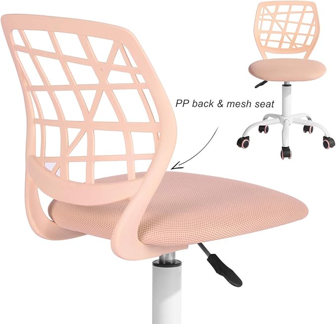 FurnitureR Desk Chair Armless Home Office Task Chair with Mesh Padded Cushion Swivel Study Chair with Rolling Wheels for Teens Child Kids Girls,Pink Plica