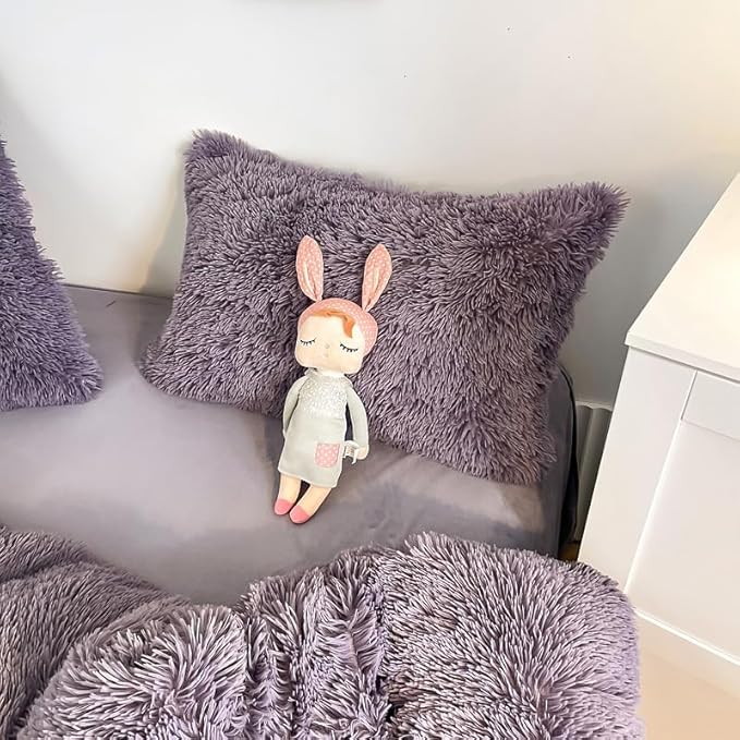 Faux Fur Kid Girls Purple Comforter Sets King - 3PC Bed Set Warm Comfortable Soft Plush Flannel Velvet Fluffy Fuzzy Bedding(Comforter x 1 Pillowcases x 2)