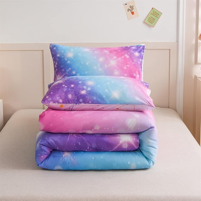 Holawakaka Kids Space Star Glitter Comforter Set Ombre Pink & Blue Print Gradient Bedding Set Twin Size (Pink Lavender, Twin)