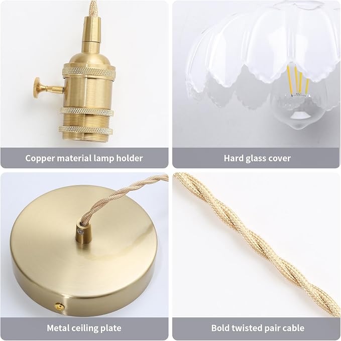 Mid Century Modern Pendant Light Nordic White Chandelier with Hand Blown Flower Glass Shade Brass Adjustable Height Dining Table Pendant Lamp with Switch for Kitchen Island Dining Room Hotel