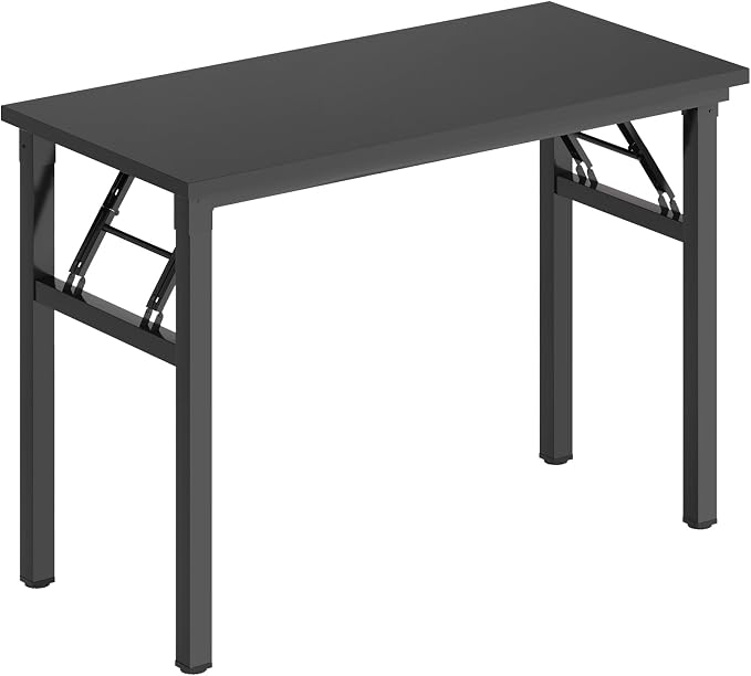 DlandHome 39.4 Inch Small Folding Computer Desk for Home Office, Black | Foldable Writing Table for Small Spaces Bedroom, No Assembly Required, Wood Top Metal Frame, Collapsible Compact Easy Storage