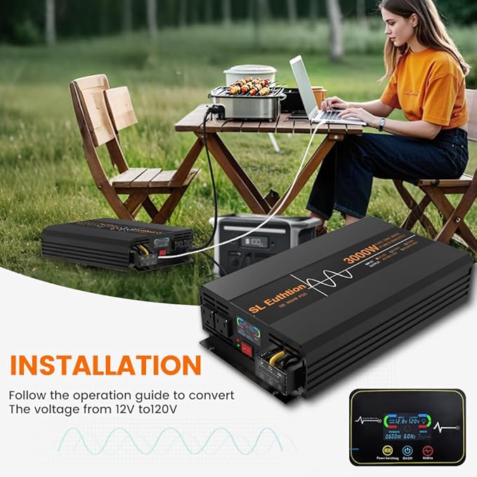 3000W/6000W(Peak) Pure Sine Wave Car Power Inverter 12V DC to 120V AC 60HZ with LCD Display, USB Port, Wireless Remote Control(10M) for Car Home Laptop Truck