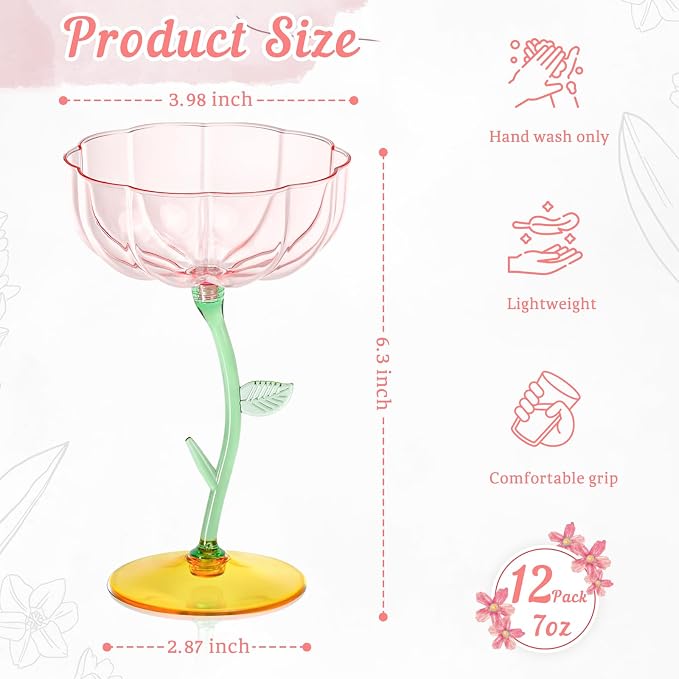 12 Pcs Pink Plastic Ribbed Coupe Glasses Detachable 7oz Flower Cocktail Glasses Modern Wavy Plastic Cocktail Coupes Disposable Martini Glasses Mimosa Glassware champagne goblets (12, PInk)