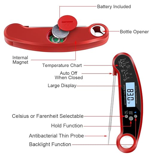 Cooking Thermometer,IP67 Waterproof Digital Meat Thermometer with Backlight, Calibration & Hold Function,Food Thermometer for Cooking,Outdoor Grilling,Candy Making