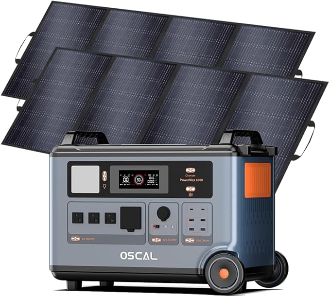 OSCAL PowerMax 6000 Solar Generator, 3600Wh/6000W Power Station with 2x200W Solar Panels, 120V/240V Split Phase Voltage AC Outlets (9000W Peak), 2400W Solar Charging,Emergency for Home,Battery Backup