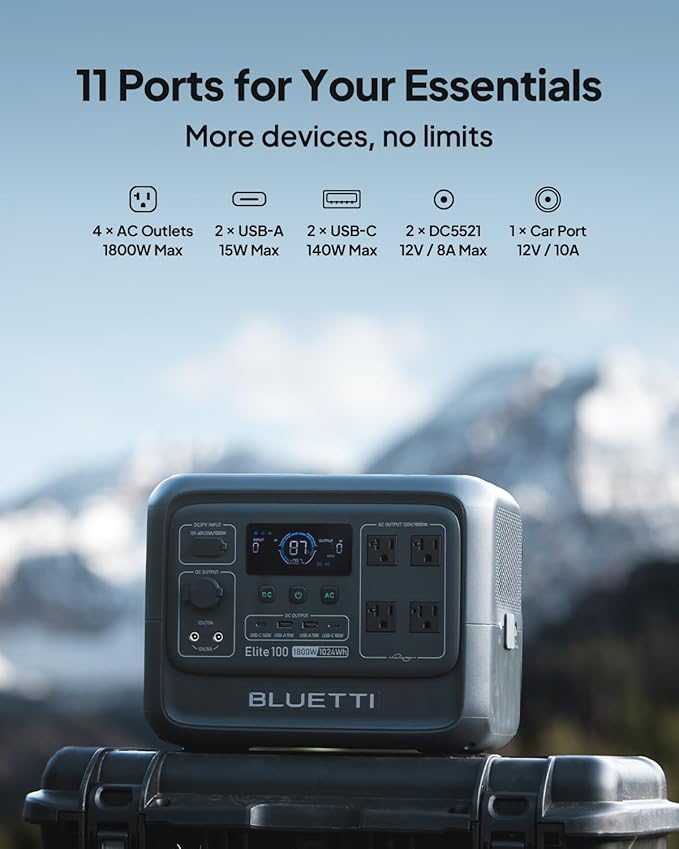 BLUETTI Elite 100 V2 Solar Generator with 200W Solar Panel (Ships Separately), Portable Power Station 1024Wh w/ 4 1800W AC Outlets, 35% Smaller, Ideal for Camping, Emergencies, Backup Power (2025 New)