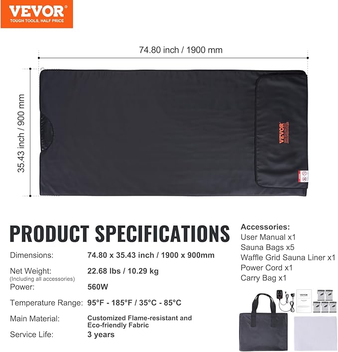 VEVOR Sauna Blanket for Detoxification, Portable Far Infrared Sauna for Home, PU Sauna Bag w/Therapy Stones & Carbon Fiber Heating, 1-6 Level Adjustable Temp 95-185℉, 1-60 Minutes Timer, 75 x 35in